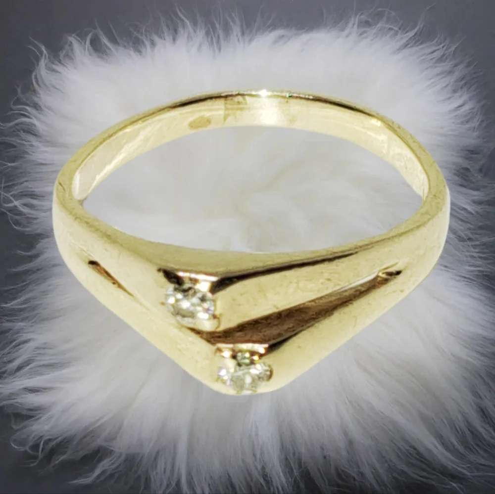 SOLID 14k Yellow Gold Ring Set with 2 Small Round Diamonds
